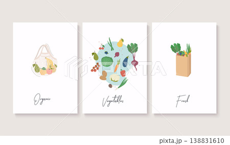 Organic food in bag. Healthy eating vector concept with flat fruits, vegetables and copyspace. Organic food in bag. Healthy eating vector concept with flat fruits, vegetables and copyspace. 138831610