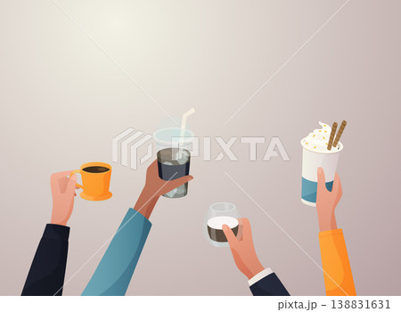 Hands with coffee cups vector illustration. Friendship, sisterhood, caffeine concept. Isolated on white. Hands with coffee cups vector illustration. Friendship, sisterhood, caffeine concept. Isolated on white. 138831631