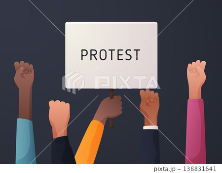 Raised up hands silhouette holding white banner with Protest caption on it. Revolution, demonstration, manifestation themed vector illustration. Raised up hands silhouette holding white banner with Protest caption on it. Revolution, demonstration, manifestation themed vector illustration. 138831641