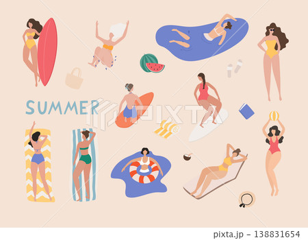 Summer beach cartoon people. Woman performing summer outdoor activities at beach. Summer beach cartoon people. Woman performing summer outdoor activities at beach. 138831654