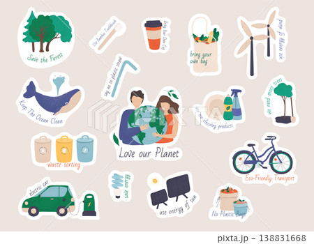 Collection of ecology stickers with slogans.  Collection of zero waste reusable items or products - glass jars, eco grocery bags, thermo mug, food container, soap and shampoo bars. 138831668
