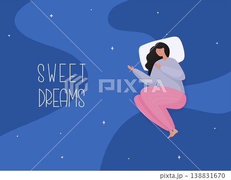 Young woman in pajamas sleeping on soft pillow. Sweet dreams, good health concept. 138831670