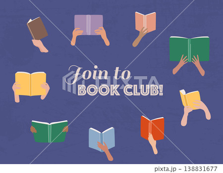 Vector cartoon illustration of Reading club. Open books in hands. Vector cartoon illustration of Reading club. Open books in hands. 138831677