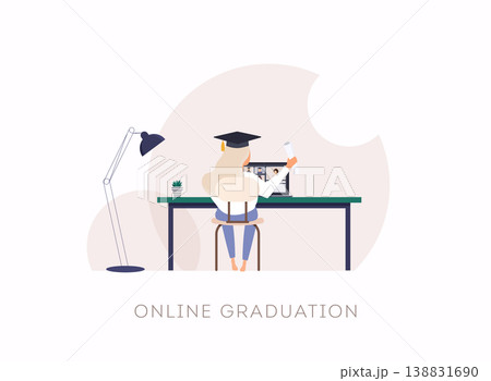 Female student attending a Graduation 2020 ceremony via video call. 138831690