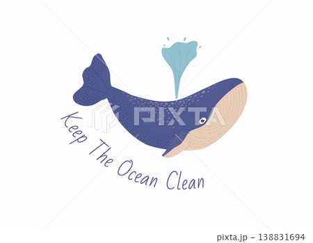 Keep the ocean clean concept. Cute wild mammal character of great whale in ocean. Keep the ocean clean concept. Cute wild mammal character of great whale in ocean. 138831694