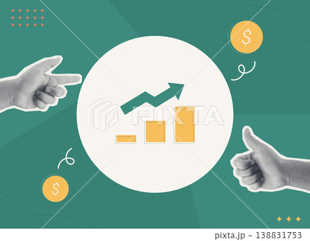 Trendy halftone collage of Person Hands Pointing and Thumbs Up with Bar Chart and Dollar Coins, Flat Design Business Growth, Investment, and Financial Success Concept Illustration 138831753