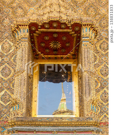 Sunlight catches mirror glass, painted surfaces, and gold edges across the temple exterior. Each close crop emphasizes texture, shine, and depth. Sunlight catches mirror glass, painted surfaces, and gold edges across the temple exterior. Each close crop emphasizes texture, shine, and depth. 138831833