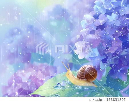 紫陽花の葉にたたずむカタツムリ 梅雨の幻想的な水彩風イラスト背景 138831895