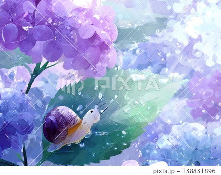 紫陽花の葉にたたずむカタツムリ 梅雨の幻想的な水彩風イラスト背景 138831896