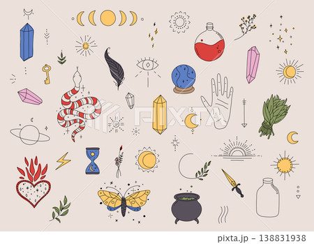 Big set of witchcraft. Magic background for witches and wizards. Hand drawn elements. Big set of witchcraft. Magic background for witches and wizards. Hand drawn elements. 138831938