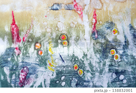 Abstract watercolor painting featuring organic shapes, floral elements, and vibrant splashes on textured paper. 138832001
