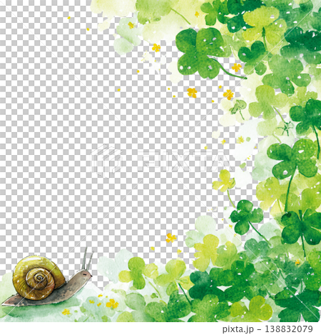 クローバーフレームとカタツムリのナチュラル水彩イラスト メッセージ用背景 138832079