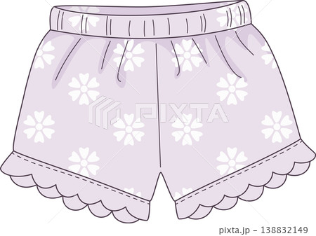 Cute Purple Floral Pajama Shorts Illustration, Sweet Lavender Sleepwear Bottoms with Ruffled Hem and Flower Pattern, Comfort Lounge Apparel  138832149