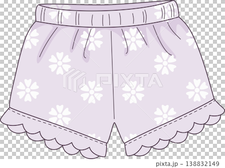 Cute Purple Floral Pajama Shorts Illustration, Sweet Lavender Sleepwear Bottoms with Ruffled Hem and Flower Pattern, Comfort Lounge Apparel  138832149