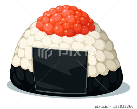 Vector illustration of a single Japanese onigiri rice ball wrapped in nori seaweed and topped with red salmon roe (ikura) Vector illustration of a single Japanese onigiri rice ball wrapped in nori seaweed and topped with red salmon roe (ikura) 138832266