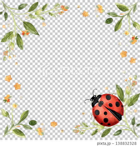 瓢蟲和小花自然邊框，可愛的水彩風格植物背景 138832328