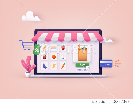 Online Grocery Store shopping concept. Order and Delivery in Online Supermarket. 3D Web Vector Illustrations. Online Grocery Store shopping concept. Order and Delivery in Online Supermarket. 3D Web Vector Illustrations. 138832368
