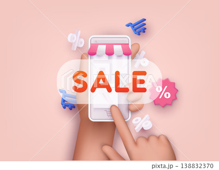 Hand holding smartphone with sale sign. Online shopping concept. 3D Web Vector Illustrations. Hand holding smartphone with sale sign. Online shopping concept. 3D Web Vector Illustrations. 138832370
