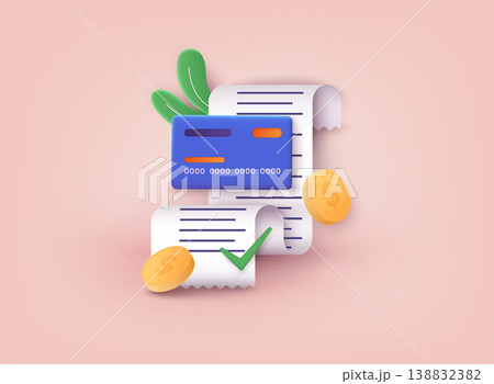 Invoice, bill icon suitable for info graphics. Payment of utility, bank, restaurant and other bill. 3D Web Vector Illustrations. Invoice, bill icon suitable for info graphics. Payment of utility, bank, restaurant and other bill. 3D Web Vector Illustrations. 138832382