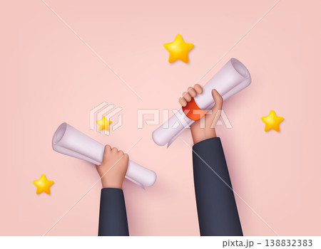 Hands holding diploma graduations. Receiving college or university diploma remotely. 3D Web Vector Illustrations. Hands holding diploma graduations. Receiving college or university diploma remotely. 3D Web Vector Illustrations. 138832383