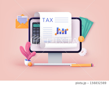 Online Tax payment. Filling tax form. Calendar show Tax Payment Date. Accounting and Financial Management Concept. 3D Web Vector Illustrations. Online Tax payment. Filling tax form. Calendar show Tax Payment Date. Accounting and Financial Management Concept. 3D Web Vector Illustrations. 138832389