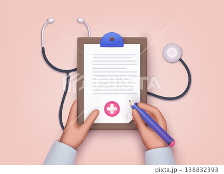 Hand holding clipboard with checklist and pen for medical report, presentation, web page banner. 3D Web Vector Illustrations. Hand holding clipboard with checklist and pen for medical report, presentation, web page banner. 3D Web Vector Illustrations. 138832393