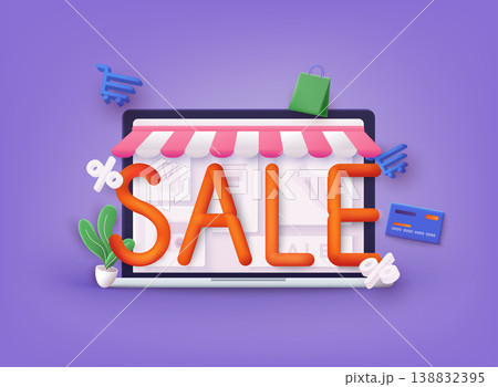 Online shopping concept. 3D Web Vector Illustrations. Discount banner design with 3d rendering. Online shopping concept. 3D Web Vector Illustrations. Discount banner design with 3d rendering. 138832395