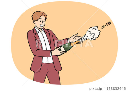 Man opens bottle of champagne or sparkling wine to celebrate birthday at party with friends Man opens bottle of champagne or sparkling wine to celebrate birthday at party with friends 138832446