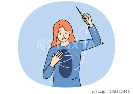 Unhappy woman sews up friend in chest, using thread and needle to get rid of mental pain 138832448