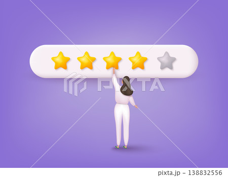 People Characters Giving Five Star Feedback. Vector customer review concepts. Reviews stars with good and bad rate and text. 3D Web Vector Illustrations. 138832556