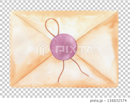Envelope with the pink sticker and rope. Handmade watercolor illustration. For packaging design, cards, cover, prints, product labels and fabric. Envelope with the pink sticker and rope. Handmade watercolor illustration. For packaging design, cards, cover, prints, product labels and fabric. 138832574
