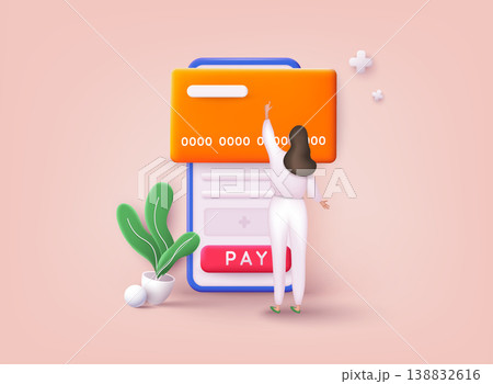 Pay by credit card via electronic wallet wirelessly on phone. 3D Vector Illustrations. Pay by credit card via electronic wallet wirelessly on phone. 3D Vector Illustrations. 138832616