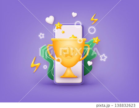 Winner cup on smartphone screen. Promotion discount present point, customer promo surprise. 3D Web Vector Illustrations. Winner cup on smartphone screen. Promotion discount present point, customer promo surprise. 3D Web Vector Illustrations. 138832623