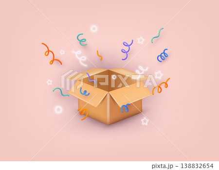 Box with celebratory confetti flying around. Winner concept. 3D Web Vector Illustrations. Box with celebratory confetti flying around. Winner concept. 3D Web Vector Illustrations. 138832654