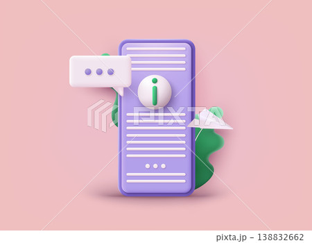 Smartphone sms speech bubbles push alerts on screen, digital or electronic chatting on cellphone. 3D Web Vector Illustrations. Smartphone sms speech bubbles push alerts on screen, digital or electronic chatting on cellphone. 3D Web Vector Illustrations. 138832662