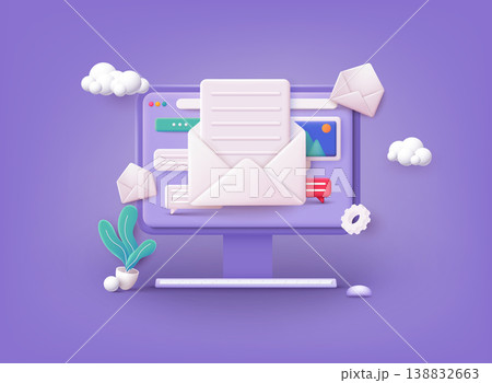 Mail service concept. Computer with open pages. 3D Web Vector Illustrations. 138832663