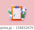 Checklist on a clipboard paper. Promotion and discount Related symbols. 3D Web Vector Illustrations. 138832670