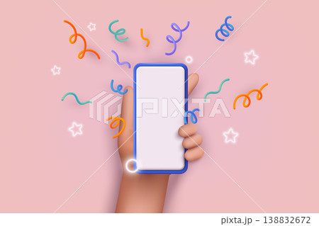Mobile smart phone with celebratory confetti flying around. Winner concept. 3D Web Vector Illustrations. Mobile smart phone with celebratory confetti flying around. Winner concept. 3D Web Vector Illustrations. 138832672