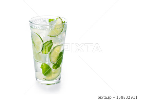 Fresh mojito cocktail with lime mint and ice in glass isolated on white background 138832911
