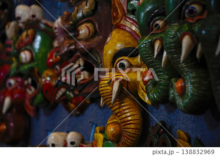 Traditional Tibetan handmade masks, used in ritual dances or as decorations. Traditional Tibetan handmade masks, used in ritual dances or as decorations. 138832969