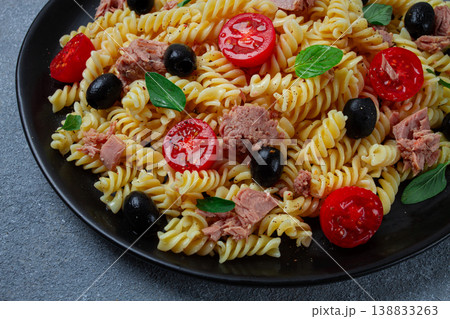 Tuna salad, fusilli pasta, olives and cherry, olive oil, homemade, 138833263