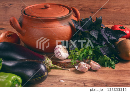 clay pot, with ingredients , for cooking Chanakhi dishes, Georgian cuisine, no people, 138833313
