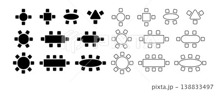 Set of seats icons and silhouettes in cafe or dining room. Schematic table and chair signs for floorplan. Simple furniture symbols. Top view of architectural seating plan. Vector graphic illustration Set of seats icons and silhouettes in cafe or dining room. Schematic table and chair signs for floorplan. Simple furniture symbols. Top view of architectural seating plan. Vector graphic illustration 138833497
