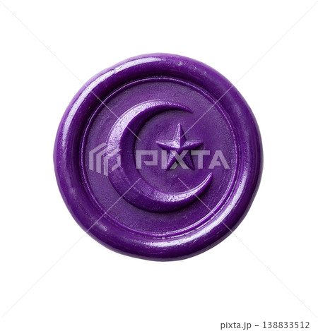 Purple wax seal stamped with a crescent moon and star design, representing magic, mystery, and elegant correspondence on an isolated background Purple wax seal stamped with a crescent moon and star design, representing magic, mystery, and elegant correspondence on an isolated background 138833512