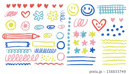 Hand drawn girly stationery doodles and messy sketches set. Colorful cute cartoon stickers, lines, grids and paper clips bundle. Fun expressive freehand elements. Rough textured vector 138833749