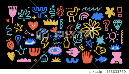 Quirky hand drawn colorful doodles and abstract shapes set. Cute cartoon girly stickers with weird messy sketches on black. Expressive fun freehand elements. Textured Vector Quirky hand drawn colorful doodles and abstract shapes set. Cute cartoon girly stickers with weird messy sketches on black. Expressive fun freehand elements. Textured Vector 138833750