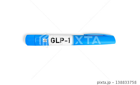 GLP-1 injection pen isolated on clean background with soft shadow, medical device for diabetes and weight loss treatment with copy space Description: GLP-1 injection pen isolated on clean background with soft shadow, medical device for diabetes and weight loss treatment with copy space Description: 138833758