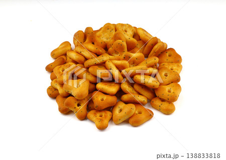 Pile of spicy triangle crackers isolated on white background, crunchy savory snack food, top view 138833818