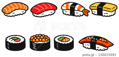 Vector illustration set of various Japanese sushi and rolls Vector illustration set of various Japanese sushi and rolls 138833893