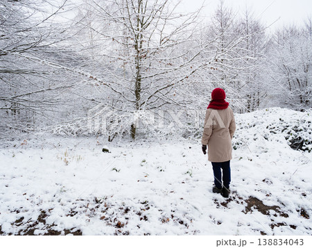 Woman walk in winter snow forest. Woman walk in winter snow forest. 138834043